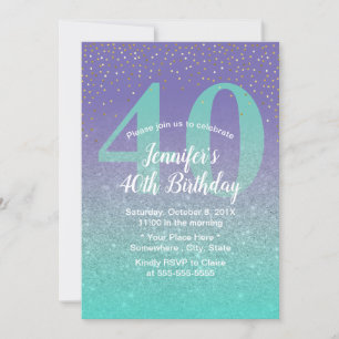 40th Birthday Modern Teal & Purple Glitter Ombre Invitation