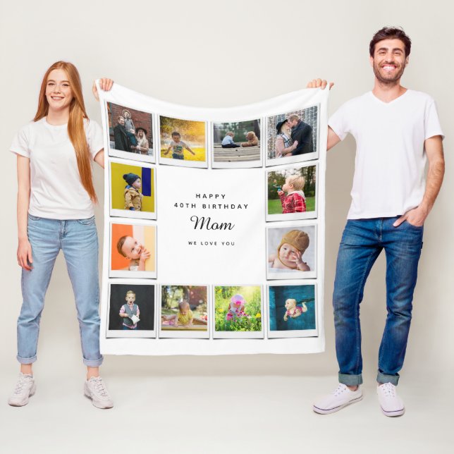 40th Birthday Mom Photo Collage Template White Fleece Blanket (In Situ)