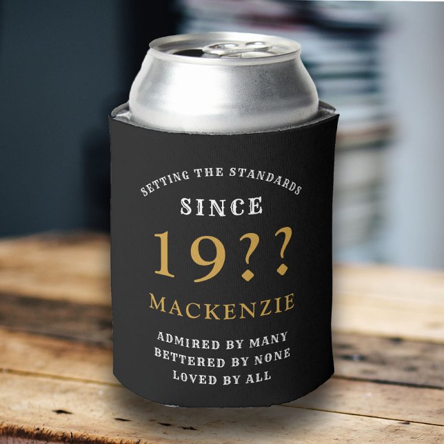 40th Birthday Monogram Name Year Black Gold Can Cooler (Creator Uploaded)