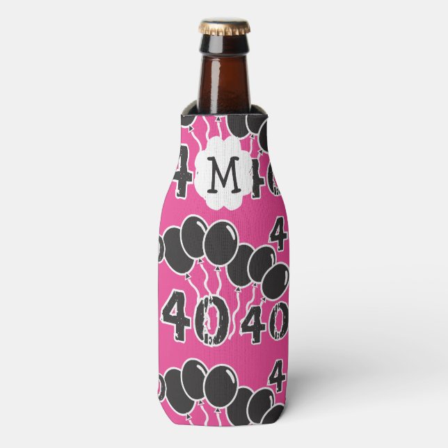 40th Birthday Monogram PINK BLACK Personalized Bottle Cooler (Bottle Front)