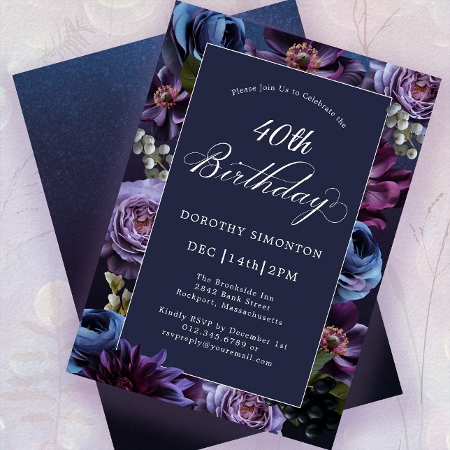 40th Birthday Moody Purple Flower Invitation (Creator Uploaded)