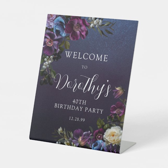 40th Birthday Moody Purple Flowers Custom Welcome Pedestal Sign (Front)