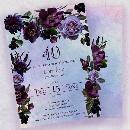 40th Birthday Moody Purple Gothic Flower Invitation