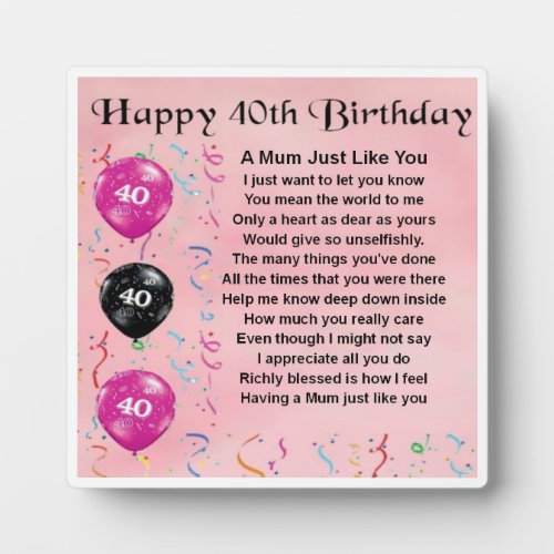 40th Birthday Mum Poem Plaque