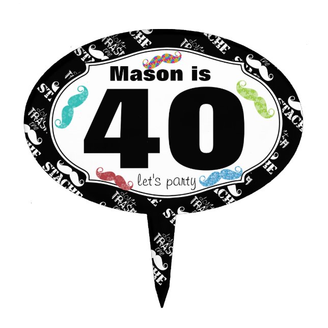 40th Birthday Mustache Hipster Retro Pattern Cake Topper (Front)