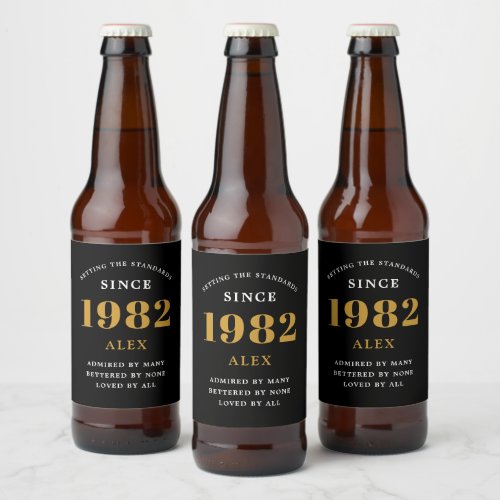 40th Birthday Name 1982 Black Gold Elegant Chic Beer Bottle Label