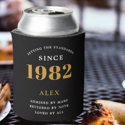 40th Birthday Name 1982 Black Gold Elegant Chic Can Cooler