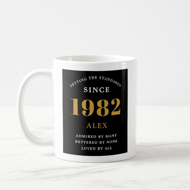 40th Birthday Name 1982 Black Gold Elegant Chic Coffee Mug (Left)