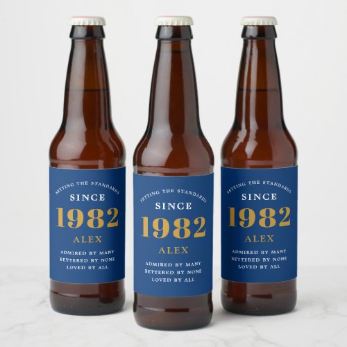 40th Birthday Name 1982 Blue Gold Elegant Chic Beer Bottle Label
