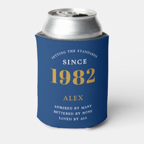 40th Birthday Name 1982 Blue Gold Elegant Chic Can Cooler