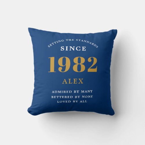 40th Birthday Name 1982 Blue Gold Elegant Chic Throw Pillow