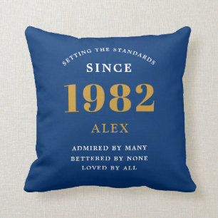40th Birthday Name 1982 Blue Gold Elegant Chic Throw Pillow