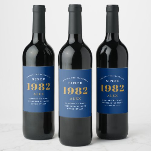40th Birthday Name 1982 Blue Gold Elegant Chic Wine Label