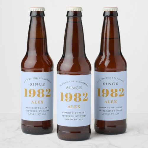 40th Birthday Name 1982 Blue Grey Elegant Chic Beer Bottle Label