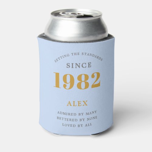 40th Birthday Name 1982 Blue Grey Elegant Chic Can Cooler