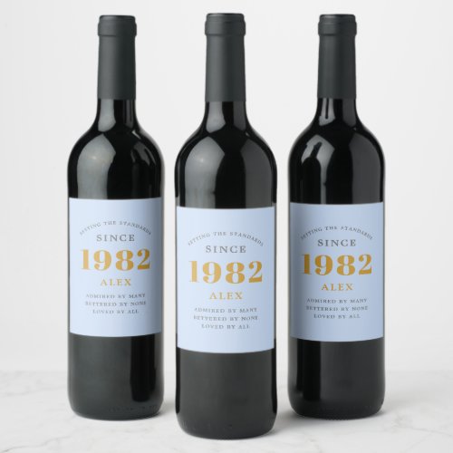 40th Birthday Name 1982 Blue Grey Elegant Chic Wine Label