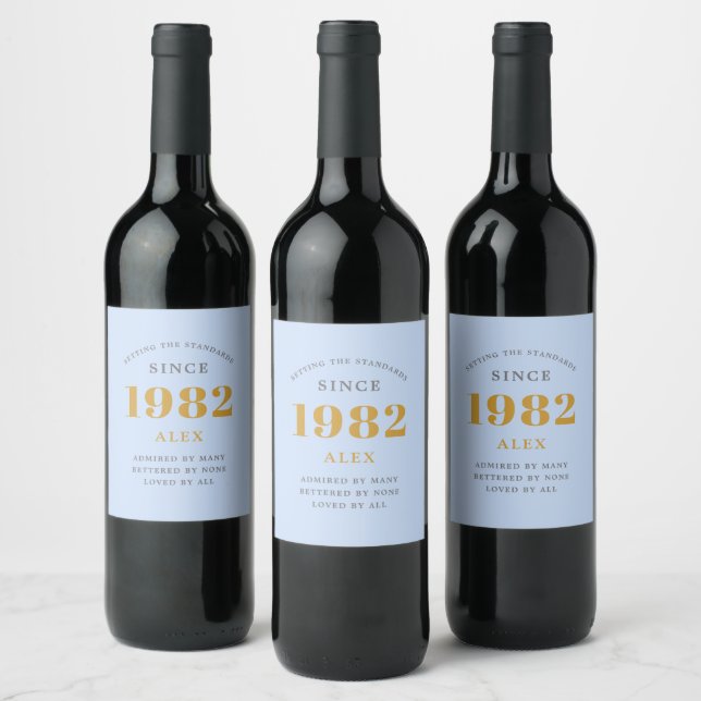 40th Birthday Name 1982 Blue Grey Elegant Chic Wine Label (Bottles)