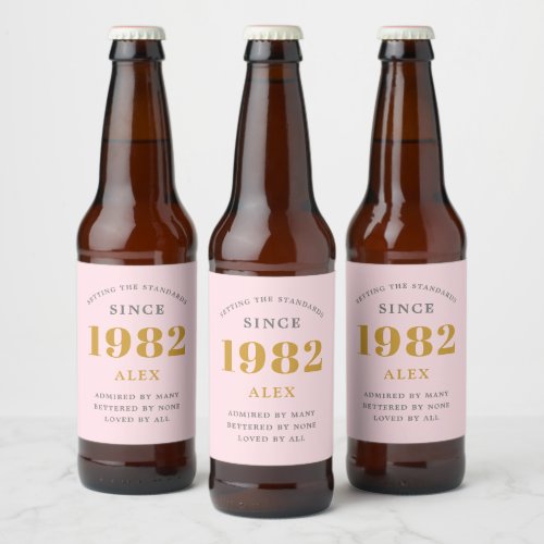 40th Birthday Name 1982 Pink Grey Elegant Chic Beer Bottle Label