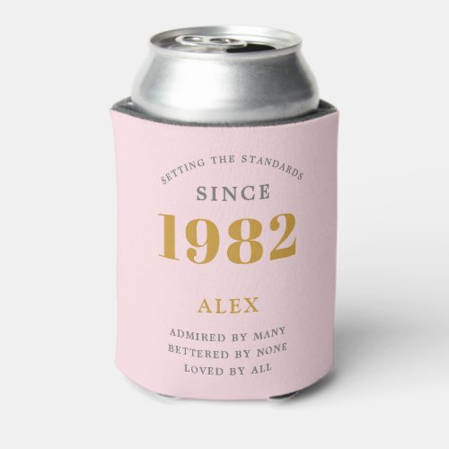 40th Birthday Name 1982 Pink Grey Elegant Chic Can Cooler