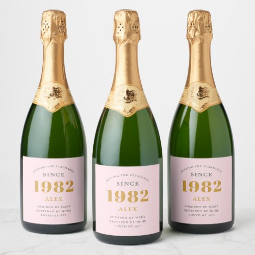 40th Birthday Name 1982 Pink Grey Elegant Chic Sparkling Wine Label