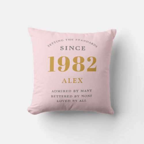 40th Birthday Name 1982 Pink Grey Elegant Chic Throw Pillow