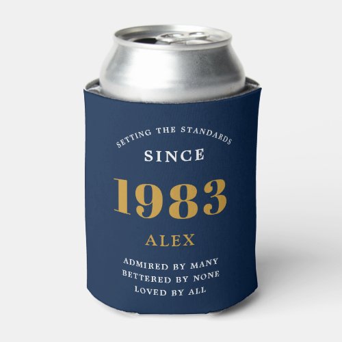 40th Birthday Name 1983 Blue Gold Elegant Chic Can Cooler