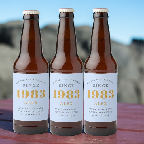 40th Birthday Name 1983 Blue Grey Elegant Chic Beer Bottle Label