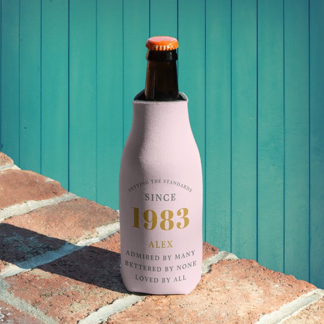 40th Birthday Name 1983 Pink Grey Elegant Chic Bottle Cooler (Creator Uploaded)