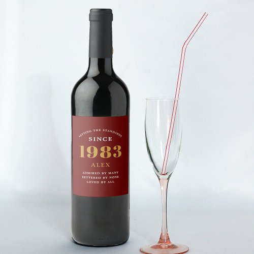 40th Birthday Name 1983 Red Gold Elegant Chic Wine Label