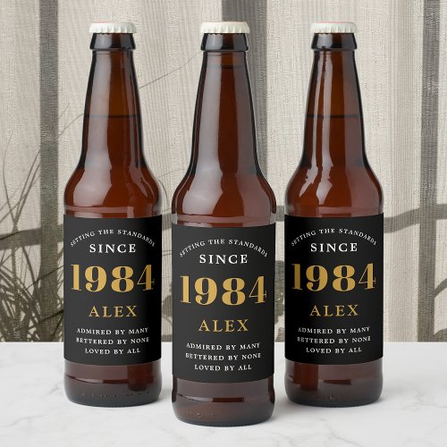 40th Birthday Name 1984 Black Gold Elegant Chic Beer Bottle Label