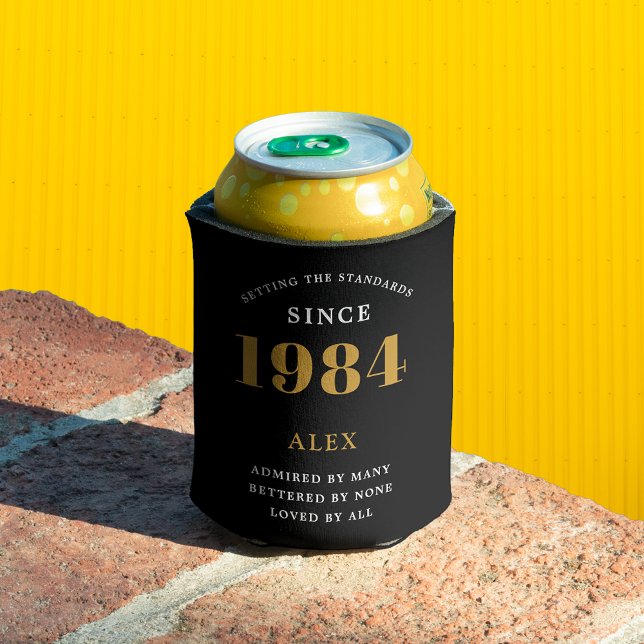 40th Birthday Name 1984 Black Gold Elegant Chic Can Cooler (Luxurious personalized 40th Birthday Black and Gold Can Cooler: The Perfect Party Companion)