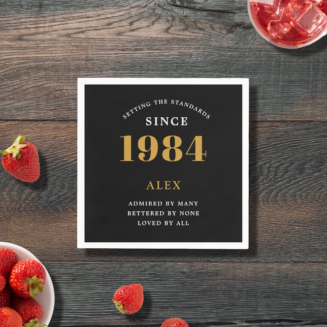 40th Birthday Name 1984 Black Gold Elegant Chic Napkins (Premium 40th Birthday Black and Gold Personalized Paper Napkins - Celebration Elegance)