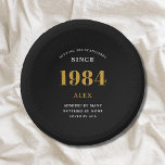 40th Birthday Name 1984 Black Gold Elegant Chic Paper Bowls<br><div class="desc">1984 Setting The Standards Paper Bowls: 40th Birthday Customizable Black Gold Elegant Chic Dining Ware. Celebrate a momentous milestone with our fully customizable 1984 Setting The Standards Paper Bowls. Embellished with an elegant black and gold design, these bowls add a luxe touch to the celebration. Ideal for snacks, dessert or...</div>