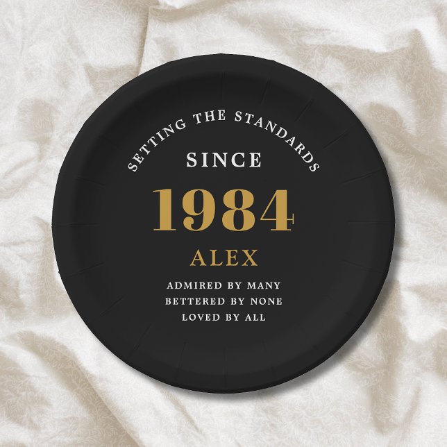 40th Birthday Name 1984 Black Gold Elegant Chic Paper Plates (Sophisticated 40th birthday unique black & gold paper plates. Fully personalized party supplies.)