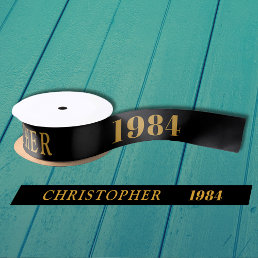 40th Birthday Name 1984 Black Gold Elegant Chic Satin Ribbon