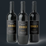 40th Birthday Name 1985 Black Gold Elegant Chic Wine Label<br><div class="desc">1985 Vintage 40th Birthday Black & Gold Elegant Wine Label. Celebrate your milestone with our exclusive birthday wine label. The meticulously designed label with stunning black and gold hues effortlessly enhances the visual appeal of your favorite wine. The year prominently featured on the label, adds a nostalgic throwback to the...</div>
