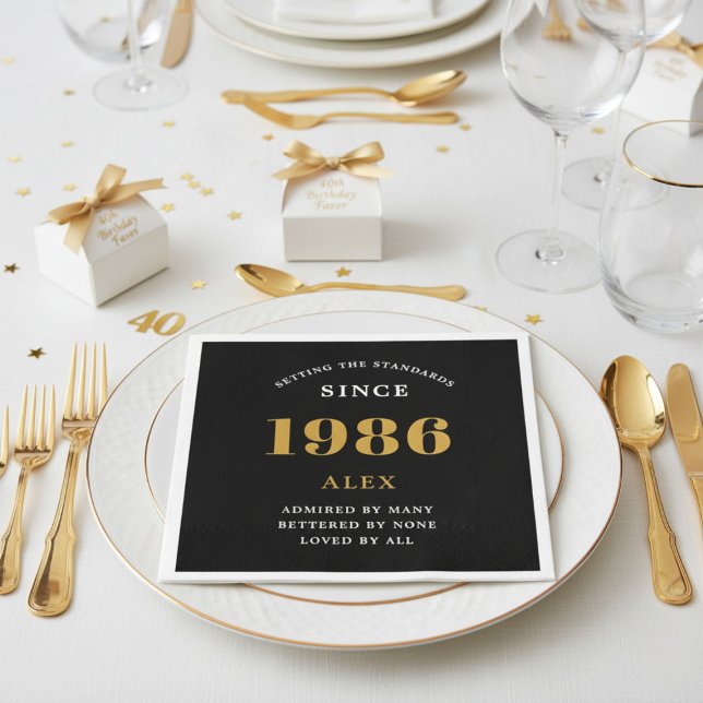 40th Birthday Name 1986 Black Gold Elegant Chic Napkins (1986 paper napkin on a plate.)