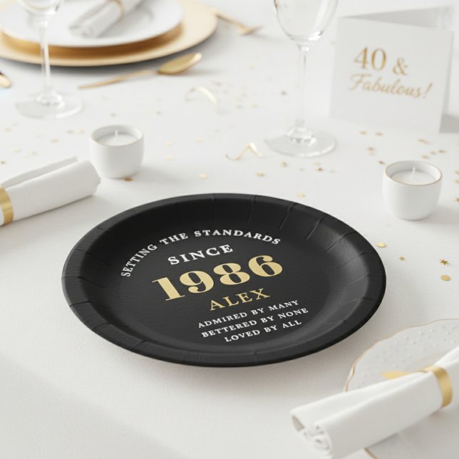40th Birthday Name 1986 Black Gold Elegant Chic Paper Plates (1986 Black, Birthday paper plate. White background.)