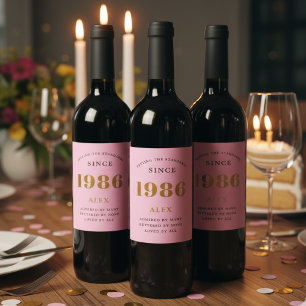 40th Birthday Name 1986 Pink Gold Elegant Chic Wine Label