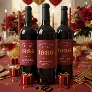 40th Birthday Name 1986 Red Gold Elegant Chic Wine Label