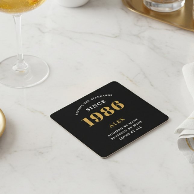 40th Birthday Name 1986 Year Black Gold Custom Square Paper Coaster (1986 paper coaster. White background.)