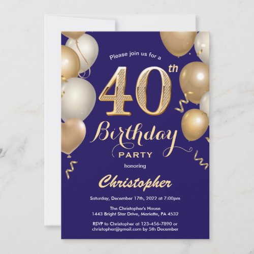 40th Birthday Navy Blue and Gold Balloons Confetti Invitation