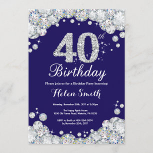 40th Birthday Navy Blue and Silver Diamond Invitation