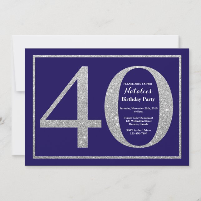 40th Birthday Navy Blue and Silver Glitter Invitation (Front)