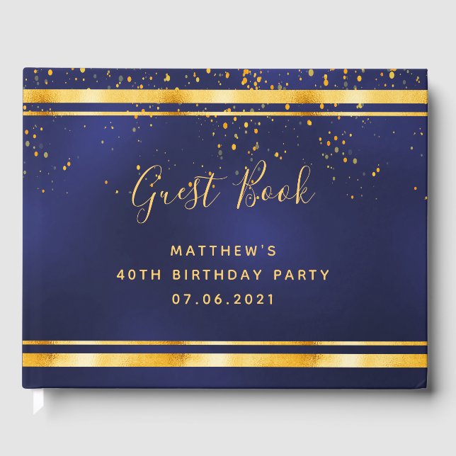 40th Birthday navy blue gold confetti Guest Book (Front)