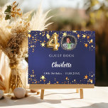 40th Birthday navy blue gold stars photo Guest Book<br><div class="desc">Atrendy navy blue,  uneven colored background with faux gold stars. Add your photo,  name,  and text.  Age number is written with a balloon style font. 
Spine: add your text.</div>