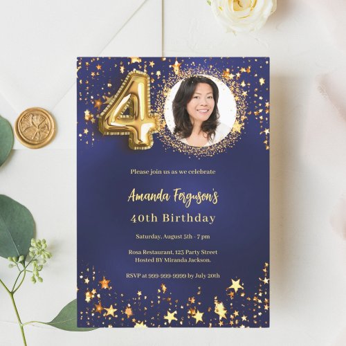 40th birthday navy blue gold stars photo invitation
