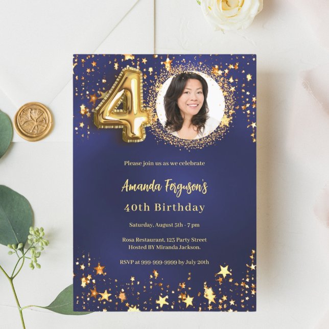40th birthday navy blue gold stars photo invitation (Creator Uploaded)