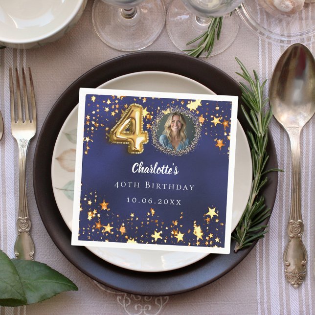 40th birthday navy blue gold stars photo napkins (Creator Uploaded)