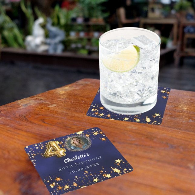 40th birthday navy blue gold stars photo square paper coaster (Creator Uploaded)